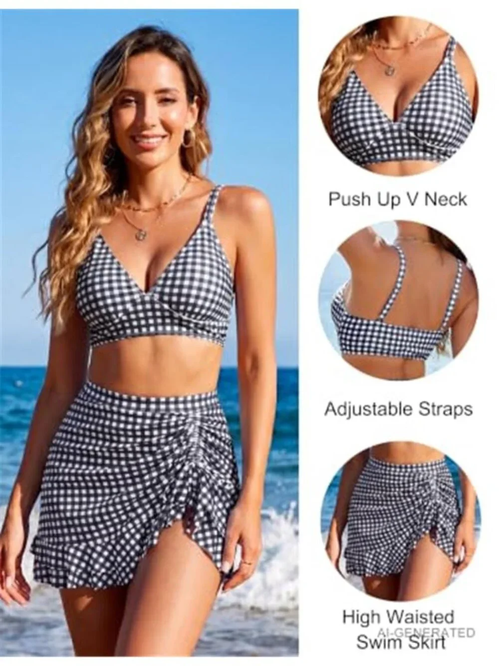 High Waisted Tummy Control Bikini Two Piece Swimsuit Retro Plaid V Neck Skirt